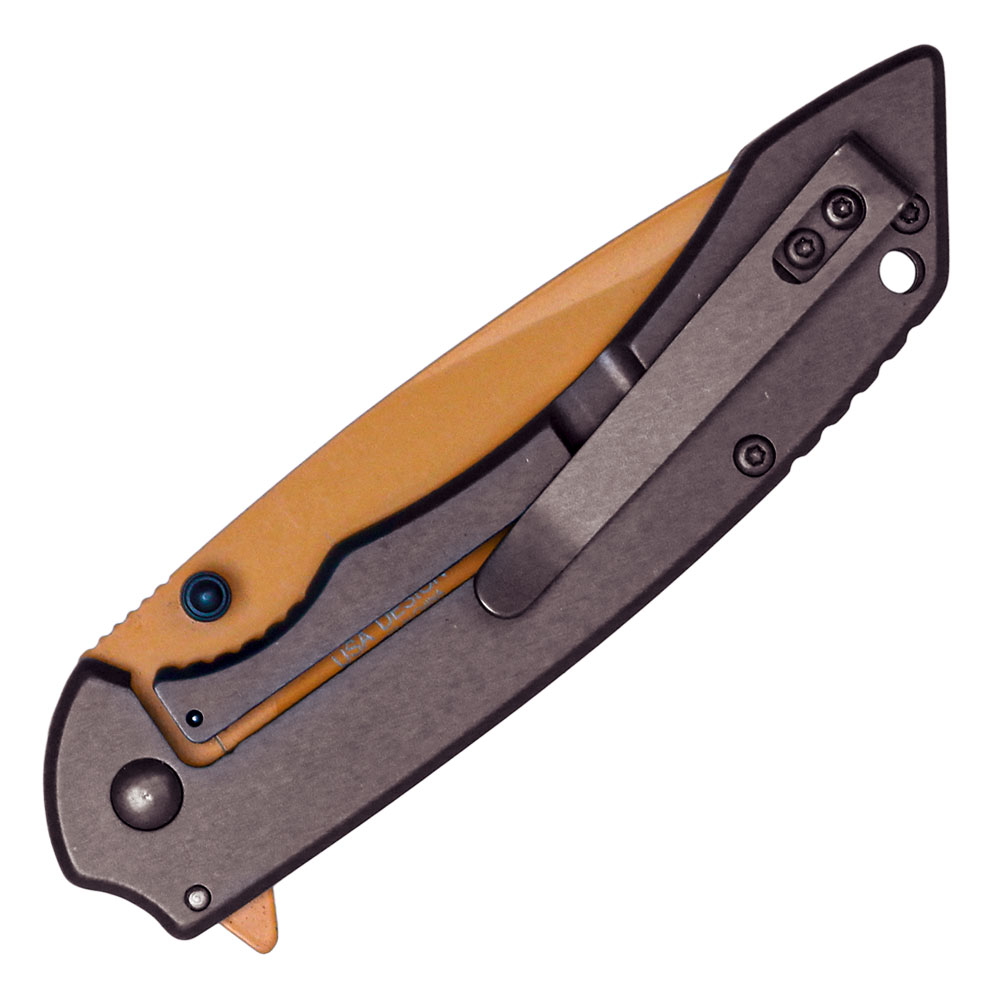 Assisted Open Folding Pocket Knife with Grey handle and Orange Blade view 4